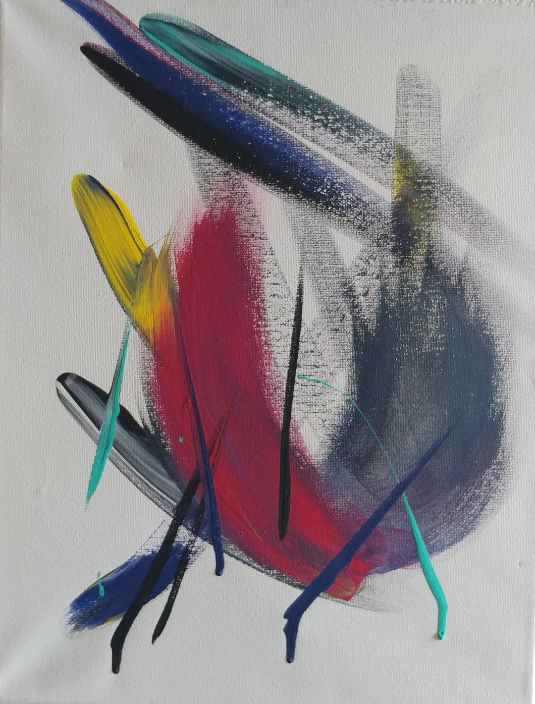 bold strokes of red, black, yellow, teal, blue, and white on white canvas