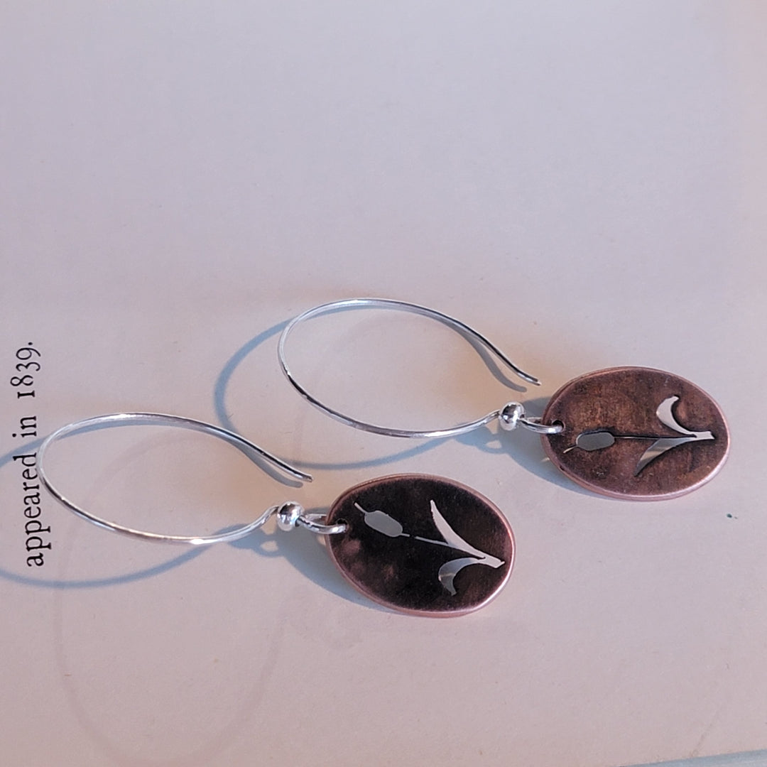 Cattail details cut into copper ovals, sterling silver earwire
