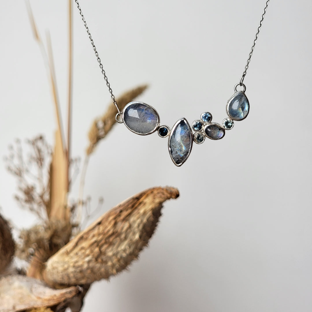 Starry Night Moonstone and montanna sapphire cluster necklace