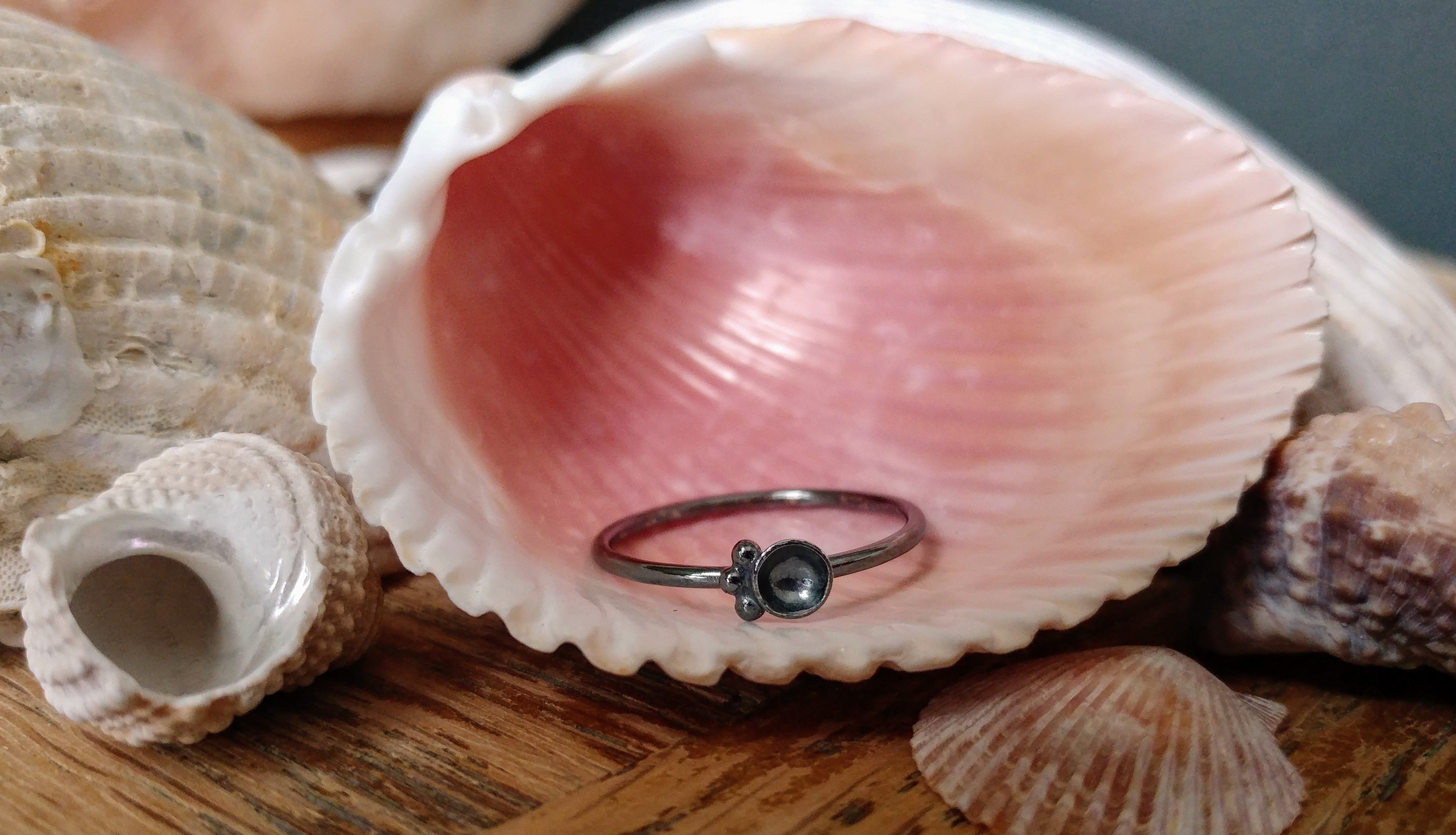 oxidized sterling silver ring with domed disc and 3 granuals.  ring is sitting on pink seashell
