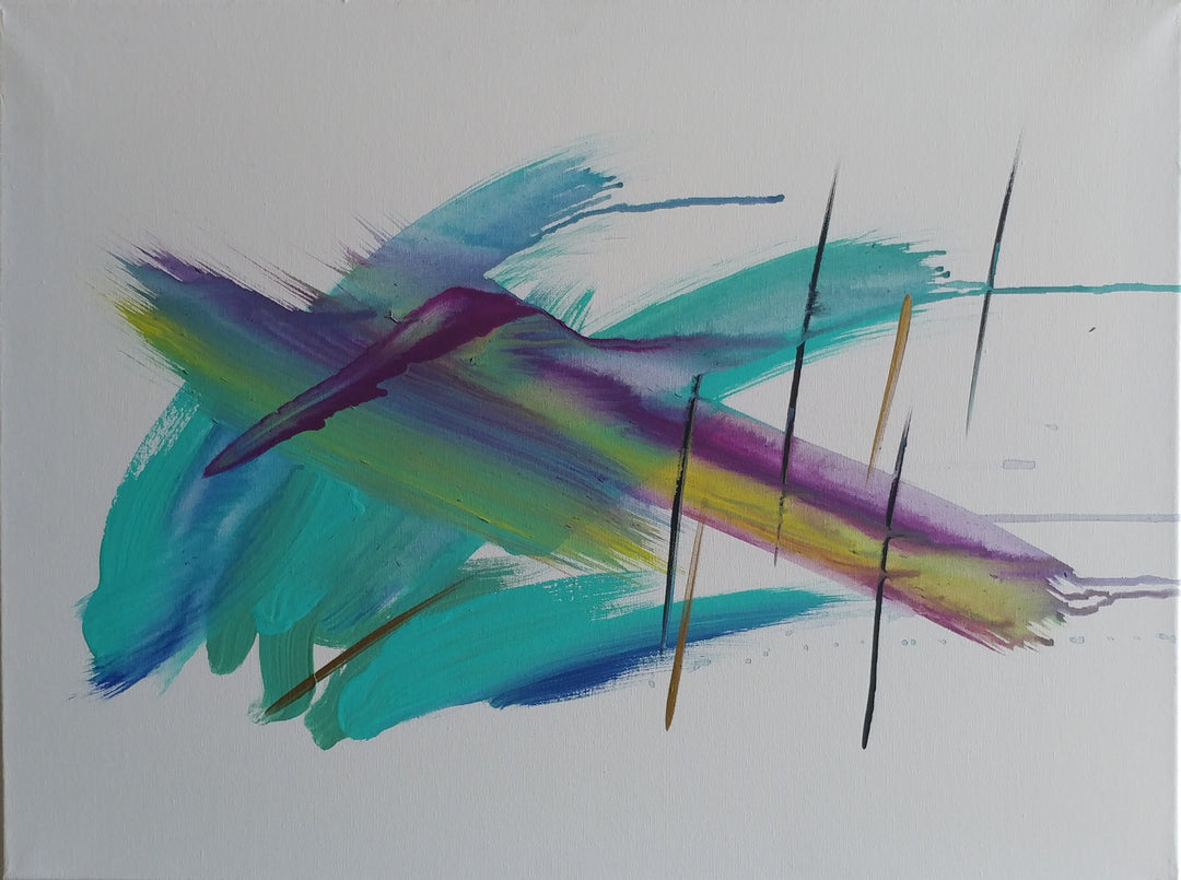 bold strokes of teal, yellow, purple, blue, black, green, and gold on white canvas