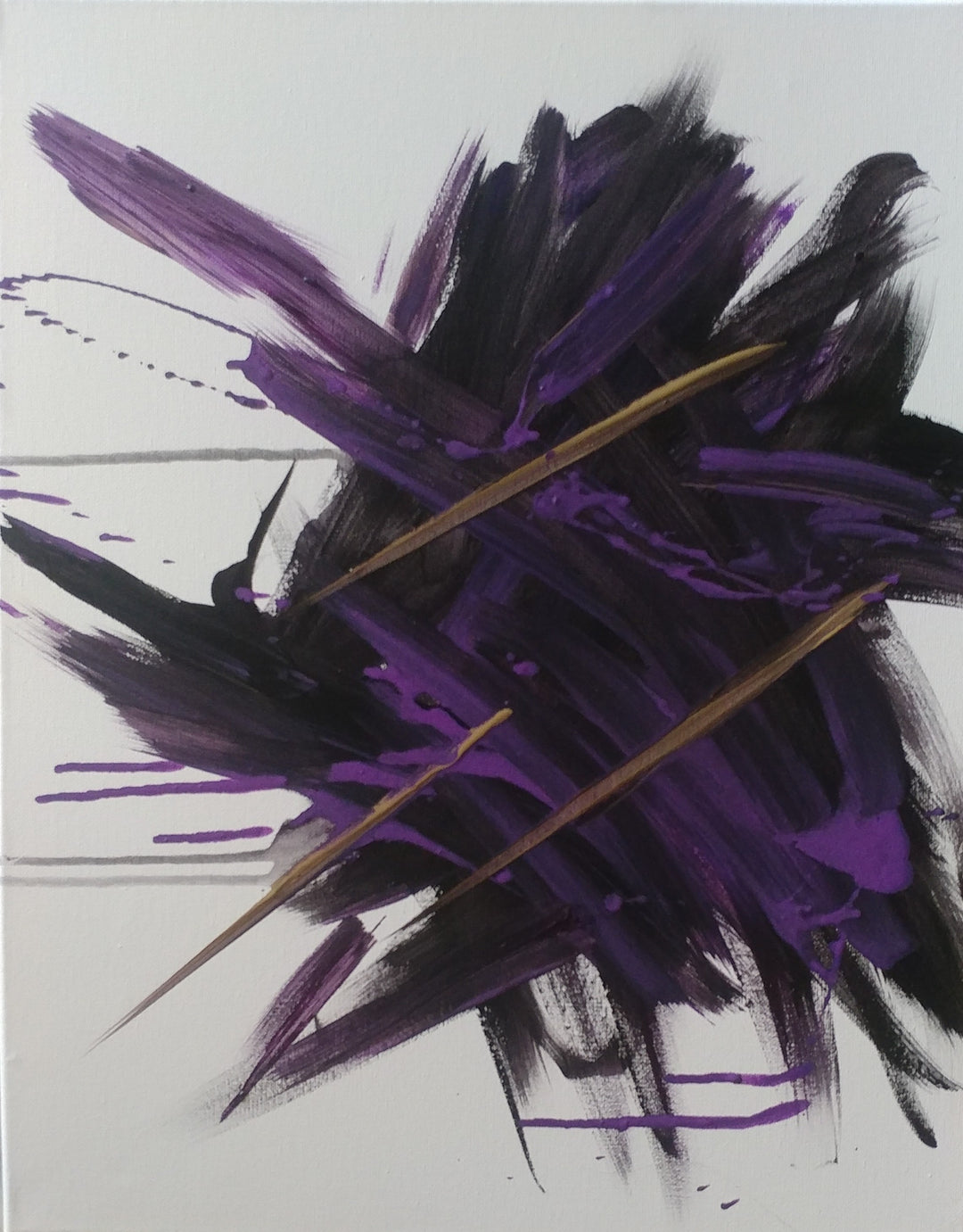 bold and chaotic strokes of black, purple and gold on white canvas.