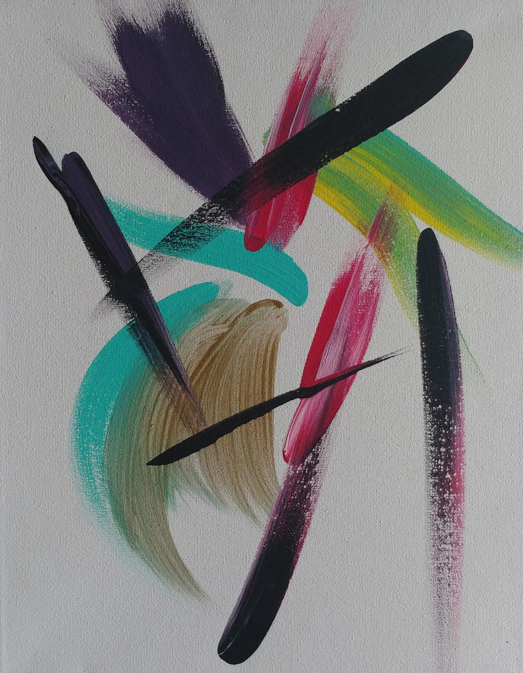 bold strokes of black, teal, gold, purple, red, green and yellow on white canvas.